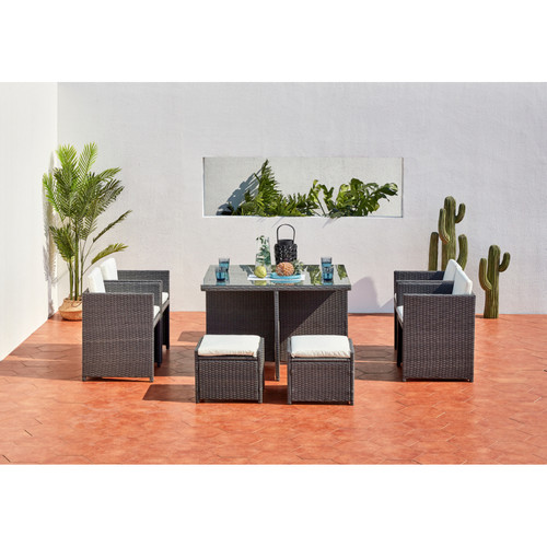 Ensembles tables et chaises Salon de jardin 8 places en résine tressée gris/blanc MIAMI