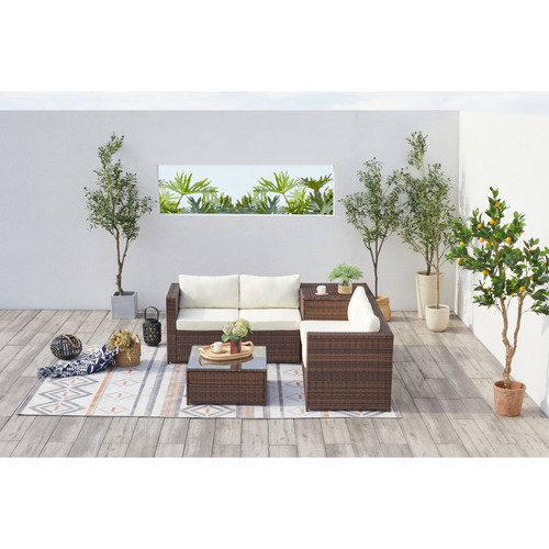 Concept Usine Salon de jardin 4 places en résine tressée avec coffre intégré marron/blanc SILANG