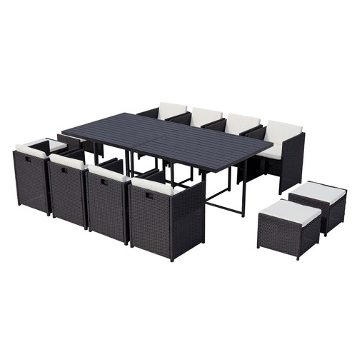 Ensembles tables et chaises Concept Usine Salon de jardin encastrable 12 places en résine tressée et alu noir/blanc SUNSET