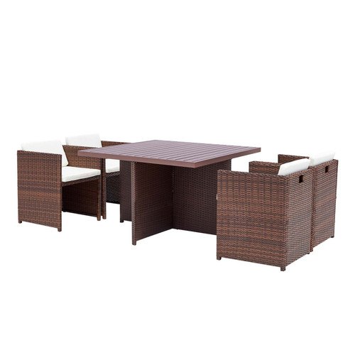 Ensembles tables et chaises Concept Usine Salon de jardin encastrable 4 places en résine tressée et alu marron/blanc SUNSET