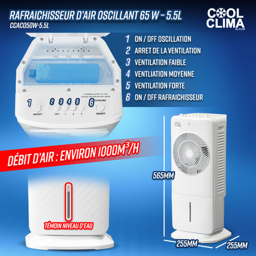 Ventilateur Rafraichisseur d air oscillant 65 W - 5.5L - Ventilateur - Humidificateur - Cool Clima