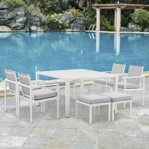 Cstore - Ensemble repas de jardin encastrable 8 personnes- table 125 x 125 cm - plateau en aluminium + 4 fauteuils + 4  tabourets - Blanc & C - Ensembles tables et chaises