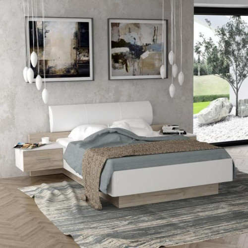 Cstore - MOROLLA - lit adulte 140x190 cm avec 2 chevets + tête de lit en simili - blanc - Lit 2 places Cadres de lit