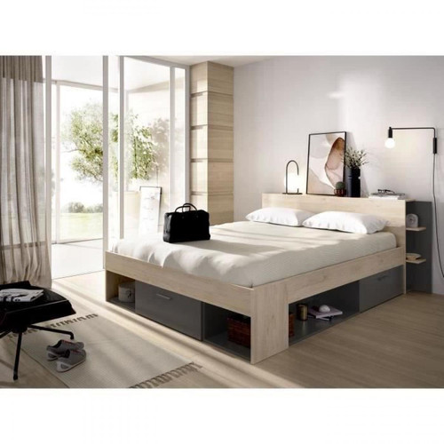 Cstore - SAX - lit adulte - 160x200 cm - 3 tiroirs + tête de lit avec rangement - décor chêne et anthracite - Lit avec rangement Cadres de lit