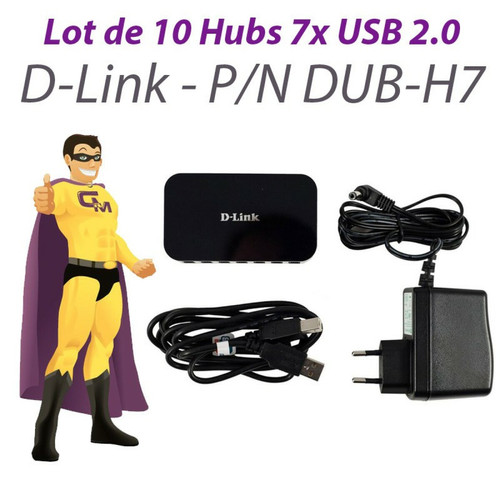 Hub D-Link Lot x10 Hubs USB PC Mac D-Link DUB-H7 7 Ports USB 2.0 +Bloc Chargeur +Câble USB