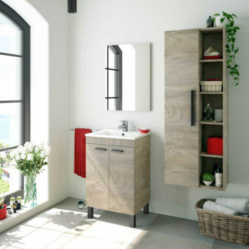 Dansmamaison - Meuble sous vasque 2 portes coulissantes + vasque 50 cm + miroir + colonne Chêne - CEPKON Dansmamaison  - Miroir bois salle bain