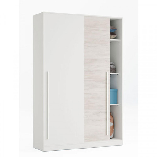 Dansmamaison - Armoire 2 portes coulissantes Blanc - PANDA - L 120 x l 50 x H 200 cm - Chambre Enfant Blanc et bois
