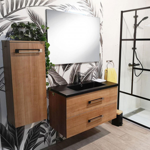 Dansmamaison - Ensemble meuble vasque 2 tiroirs 90 cm Bois + Miroir + Colonne - CALEN Dansmamaison  - Meuble de salle de bain 90 cm