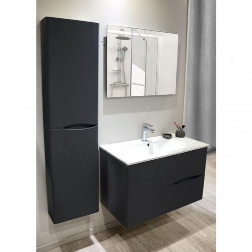 Dansmamaison - Ensemble meuble sous vasque suspendu 2 tiroirs 90 cm Noir + Colonne + Miroir - BIDO Dansmamaison  - Salle de bain, toilettes Noir