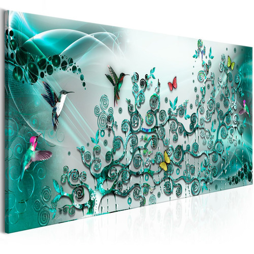 Decoshop26 - Tableau toile de décoration murale impression premium en 1 partie sur châssis en bois motif Danse des colibris turquoise 120x40 cm 11_0015362 Decoshop26  - Decoshop26
