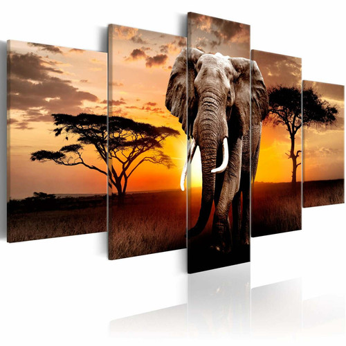 Decoshop26 - Tableau toile de décoration murale impression premium en 5 parties sur châssis en bois motif Migration des éléphants 200x100 cm 11_0015013 Decoshop26  - Toile elephant