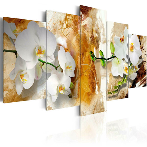 Decoshop26 - Tableau toile de décoration murale impression premium en 5 parties sur châssis en bois motif Peinture marron et orchidée 225x112,5 cm 11_0016374 Decoshop26  - Decoration orchidee