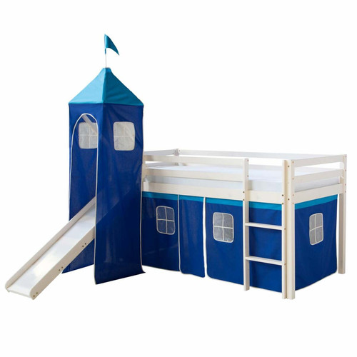 Decoshop26 - Lit mezzanine 90x200cm avec échelle toboggan en bois laqué blanc et toile bleu incluse LIT06009 Decoshop26  - Lit bebe blanc laque
