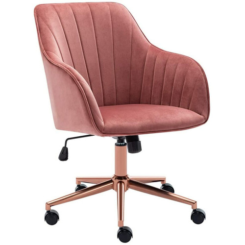 Bureau et table enfant Decoshop26 Fauteuil chaise de bureau pivotante design en velours rose structure métallique BUR09086