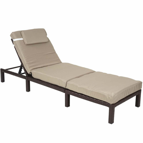 Decoshop26 - Chaise longue relax bain de soleil pour jardin extérieur terrasse en poly-rotin marron coussin crème 04_0004235 Decoshop26  - Bain soleil rotin