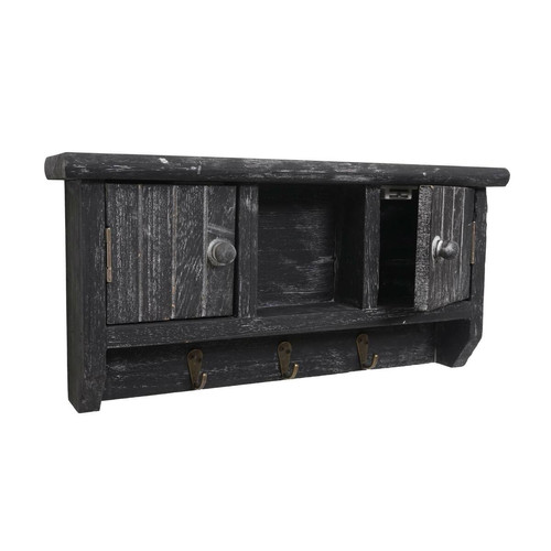 Decoshop26 - Porte-clés meuble d'entrée mural avec portes et étagère en bois massif gris foncé vieilli 04_0003590 Decoshop26  - Porte manteau bois vieilli