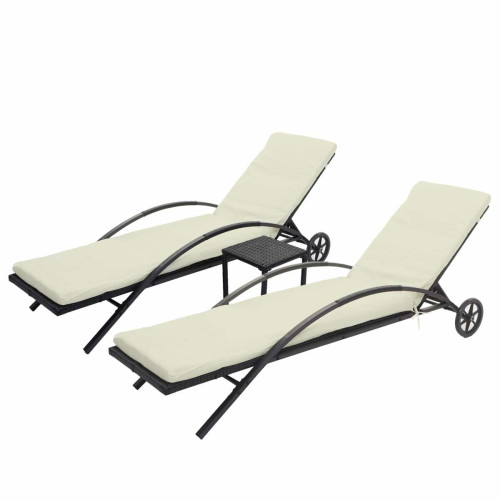 Decoshop26 - Ensemble de 2 chaises longues de jardin transat bain de soleil avec petite table en polyrotin noir coussins beige 04_0002961 Decoshop26  - Transats, chaises longues