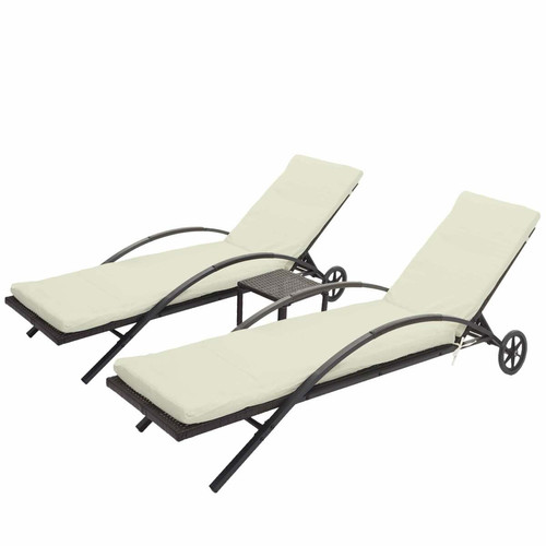 Decoshop26 - Ensemble de 2 chaises longues bain de soleil transat de jardin avec petite table polyrotin marron coussins beige crème 04_0002974 Decoshop26  - Transats, chaises longues