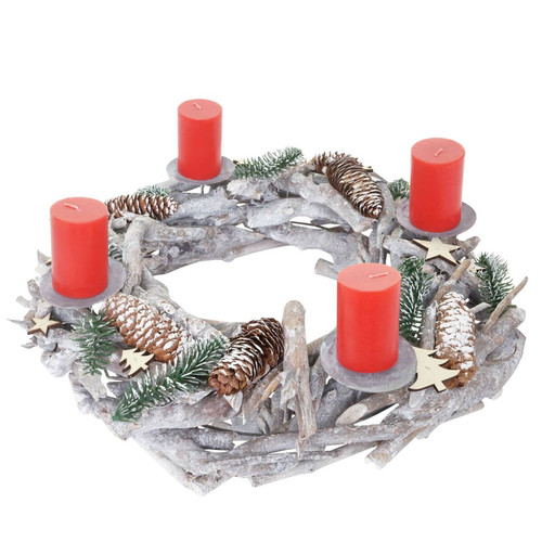 Decoshop26 - Couronne de l'avent XXL rond décoration de table Noël bois Ø 48cm blanc-gris avec bougies rouge 04_0002572 Decoshop26  - Figurine Noël Décorations de Noël