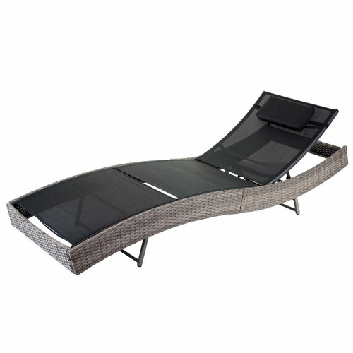 Decoshop26 - Chaise longue transat bain de soleil pour jardin poly-rotin gris housse noir 04_0004813 Decoshop26  - Transats, chaises longues Decoshop26