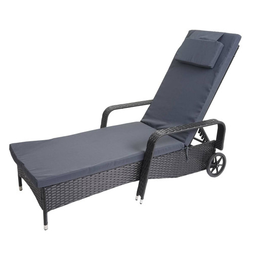 Decoshop26 - Chaise longue relaxation transat de jardin bain de soleil poly rotin anthracite housse gris 04_0004237 Decoshop26  - Fauteuil bain soleil