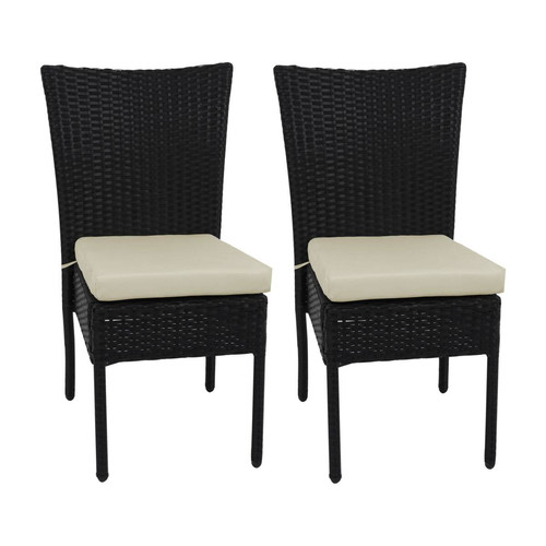 Chaises de jardin Decoshop26 2x chaises fauteuils pour balcon jardin empilable en poly-rotin noir coussin crème 04_0000263