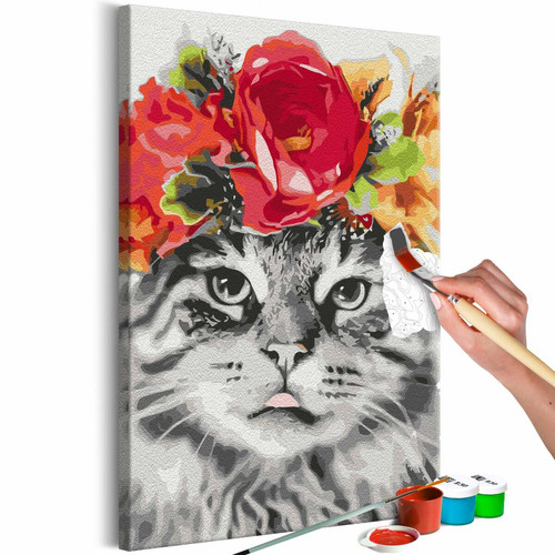 Decoshop26 - Tableau à peindre soi-même peinture par numéros motif Chat avec des fleurs 40x60 cm 11_0012050 Decoshop26  - Tableau chats