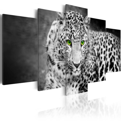 Decoshop26 - Tableau toile de décoration murale impression premium en 5 parties sur châssis en bois motif Leopard black&white200x100cm 11_0014645 Decoshop26  - Décoration