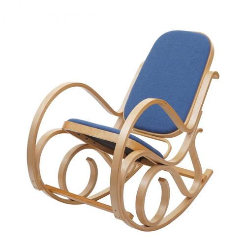 Fauteuils Decoshop26 Fauteuil à bascule rocking chair en bois clair assise en tissu bleu FAB04025