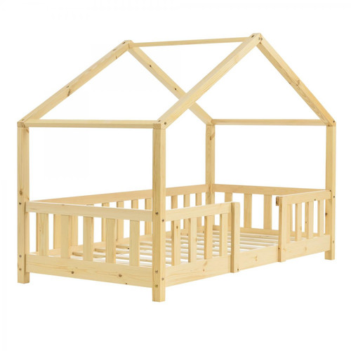 Decoshop26 - Lit cabane pour enfant forme de maison avec barrière de sécurité en bois de pin couleur naturel 70 x 140 cm 03_0005462 - Chambre Enfant Bois naturel