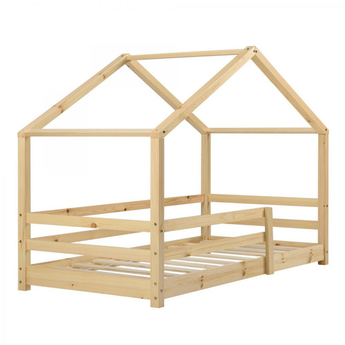 Decoshop26 - Lit cabane pour enfant forme de maison avec barrière de sécurité en bois de pin couleur naturel 70 x 140 cm 03_0005522 - Lit enfant Marron