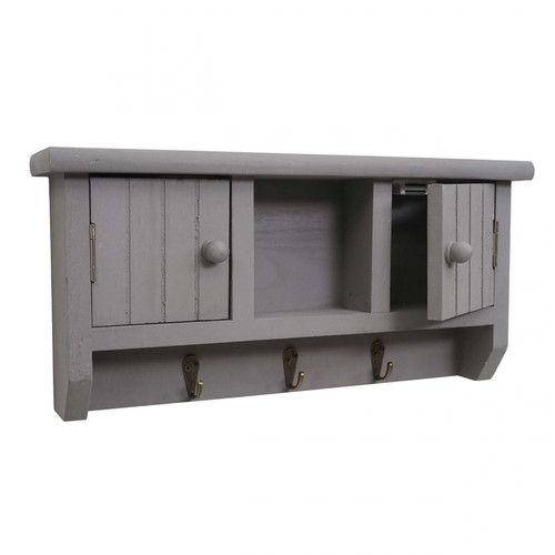 Decoshop26 - Porte-clés meuble d'entrée mural avec portes et étagère en bois massif gris 04_0002453 - Decoshop26