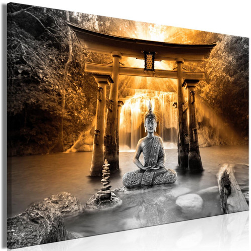 Decoshop26 - Tableau sur toile décoration murale image imprimée cadre en bois à suspendre Sourire de Bouddha (1 partie) Large Orange 120x80 cm 11_0009303 - Tableaux, peintures