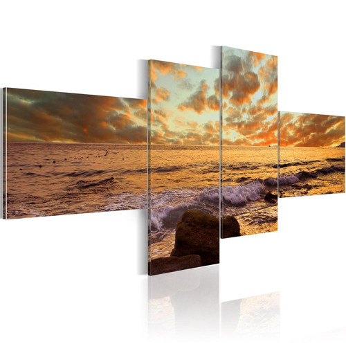 Decoshop26 - Tableau sur toile en 4 panneaux décoration murale image imprimée cadre en bois à suspendre Coucher de soleil sur la mer 200x90 cm 11_0006725 - Tableau coucher soleil