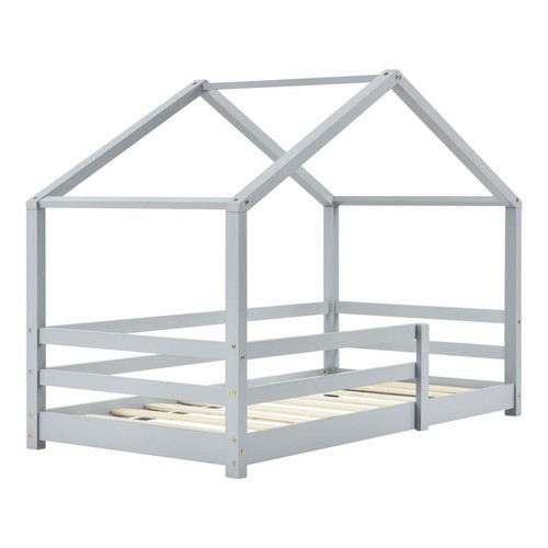 Lit enfant Decoshop26 Lit cabane pour enfant forme de maison avec barrière de sécurité en bois de pin gris 70 x 140 cm 03_0005523