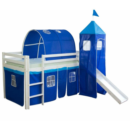 Decoshop26 - Lit mezzanine 90x200cm avec échelle toboggan en bois blanc et toile bleu incluse LIT06108 Decoshop26  - Echelle lit enfant