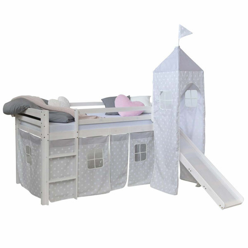 Decoshop26 - Lit mezzanine 90x200cm avec échelle toboggan en bois blanc avec tissu gris étoile et tour LIT06181 Decoshop26  - Tour de lit gigoteuse