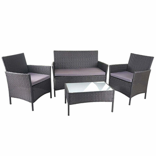 Ensembles canapés et fauteuils Decoshop26 Salon de jardin avec fauteuils banc et table en poly-rotin noir et coussin anthracite MDJ04149