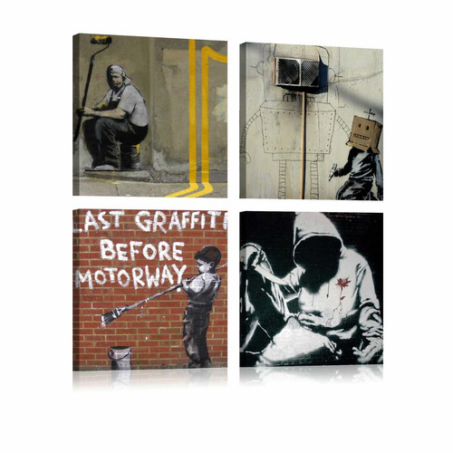Decoshop26 - Tableau sur toile en 4 panneaux décoration murale image imprimée cadre en bois à suspendre Banksy - Street Art 60x60 cm 11_0003301 Decoshop26  - Decoshop26