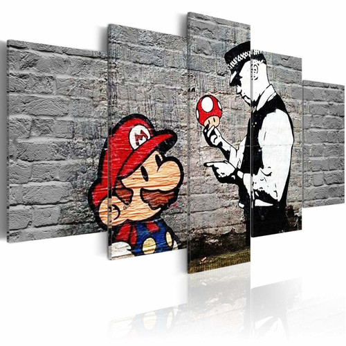 Decoshop26 - Tableau sur toile en 5 panneaux décoration murale image imprimée cadre en bois à suspendre Super Mario Flic champignon (Banksy) 200x100 cm 11_0003509 Decoshop26  - Decoration champignon