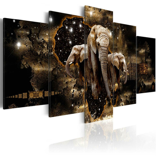 Decoshop26 - Tableau sur toile en 5 panneaux décoration murale image imprimée cadre en bois à suspendre Éléphants bruns 200x100 cm 11_0007702 Decoshop26  - Tableau peinture elephants