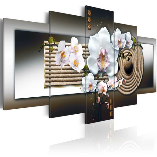 Decoshop26 - Tableau sur toile en 5 panneaux décoration murale image imprimée cadre en bois à suspendre Orchidée et jardin zen - marron 100x50 cm 11_0005548 Decoshop26  - Decoration orchidee