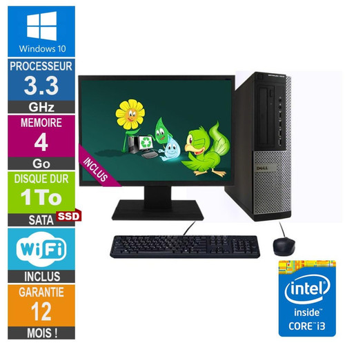Dell - PC Dell 7010 DT Core i3-3220 3.30GHz 4Go/1To SSD Wifi W10 + Ecran 20 - PC Fixe
