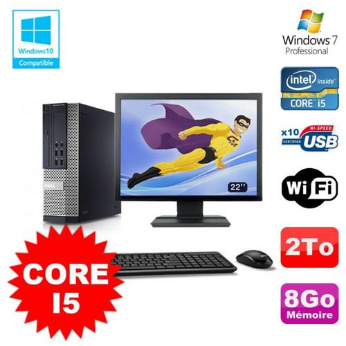 PC Fixe Dell Lot PC Dell 7010 SFF Core I5 2400 3.1GHz 8Go Disque 2To Wifi W7 + Ecran 22"