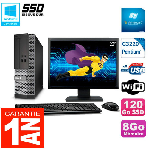 PC Fixe Dell PC DELL 3020 SFF Ecran 22" Intel G3220 RAM 8Go Disque Dur 120 Go SSD Wifi W7