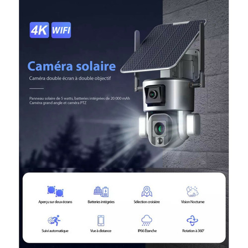 Caméra de surveillance connectée Divers Marques Caméra Surveillance Sécurité Solaire Sans fil Extérieure 4K 8MP WIFI 360° Double Objectif Zoom Optique 10X Détection mouvement