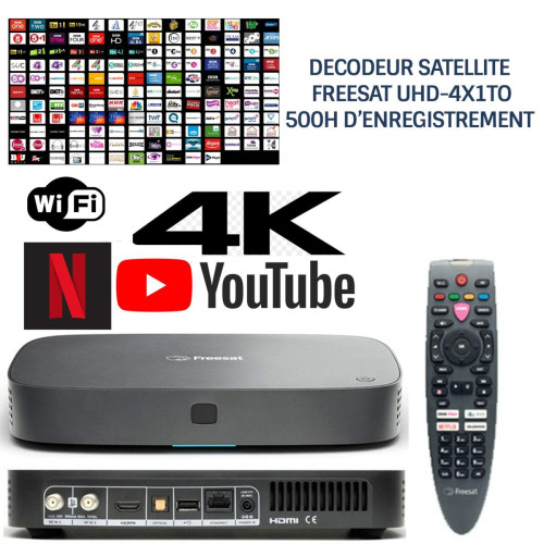 Divers Marques - Décodeur satellite HD FREESAT UHD-4X1To, 200 chaînes sat anglaises, 13 chaînes anglaises HD, sans abonnement, 500h enregistrement - Adaptateur TNT