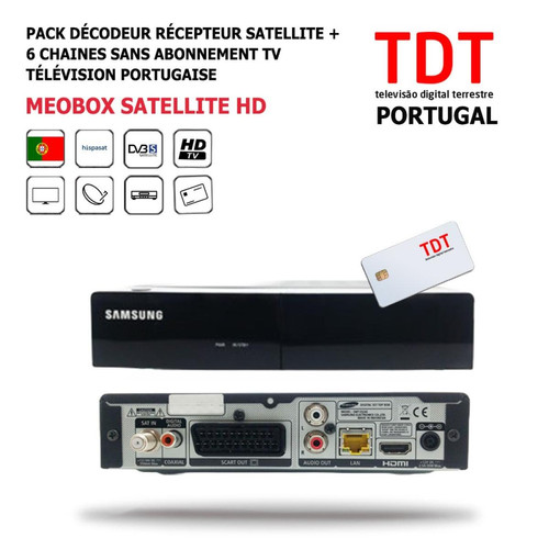 Divers Marques - Pack Décodeur Récepteur Satellite MeoBox HD Télévision Portugaise Par SAT + 6 Chaines, HD, Sans Abonnement TV, Digitale - Adaptateur TNT