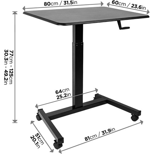 Duronic Table de travail mobile assis-debout WPS47 | Support à roulettes | Grande surface 80 x 50 cm pour PC ou vidéo projecteur | Hauteur ajustable avec une manivelle 77 – 122 cm | Capacité 30 kg