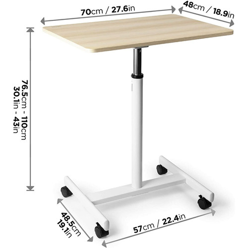 Duronic Table de travail mobile assis-debout WPS67 | Support à roulettes | Blanc – brun | Grande surface 70 x 48 cm pour PC ou vidéo projecteur | Hauteur ajustable 70,5 – 110 cm | Capacité 10 kg